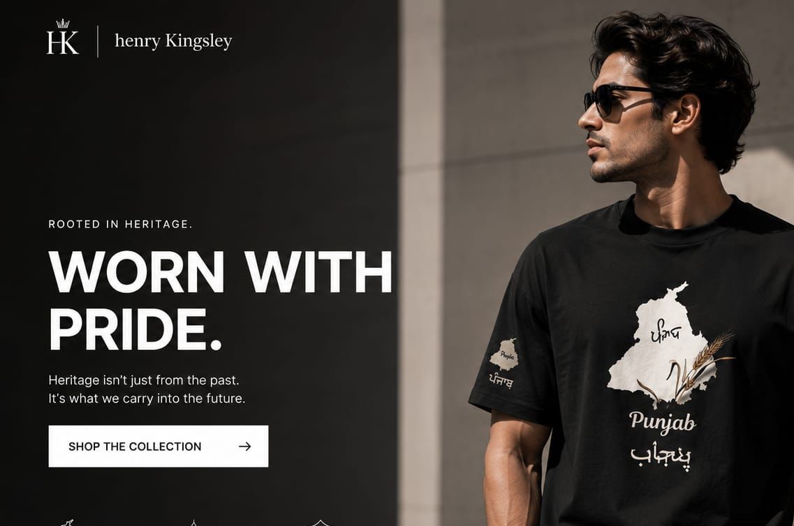 Man wearing a black t-shirt with a design and text, standing against a dark background with 'Henry Kingsley' branding.